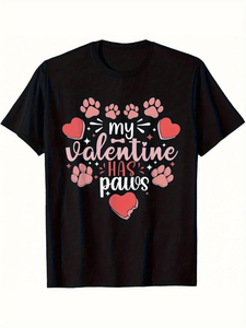 T-shirt My Valentine Has Paws per gli amanti dei cani, design con stampa di zampe, morbido e pesante, 100% cotone, regalo di San Valentino - Product Image 1