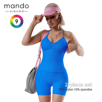 Ensemble de yoga sans couture ultra-extensible à col halter et débardeur, avec short taille haute push-up, ensemble de course 2 pièces pour femme