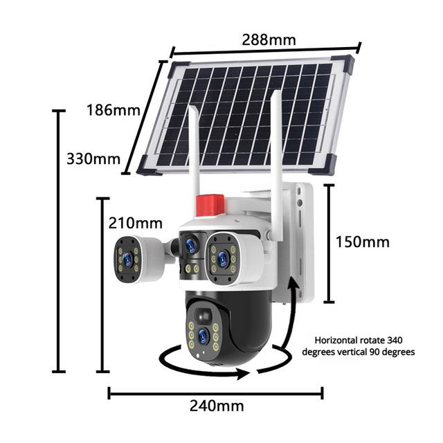 Solar-powered Three-lens Camera Multi-view 4G WiFi HD 360 Panoramic APP Control Alarm Wall/Ceiling Mountable Mobile Remote