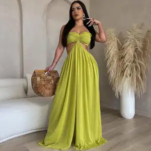 Hot Bán Không Tay Jumpsuit 2024 Sexy Backless Phụ Nữ Quần Áo Halter Màu Rắn Lỏng Rộng Chân Backless Voan Jumpsuit