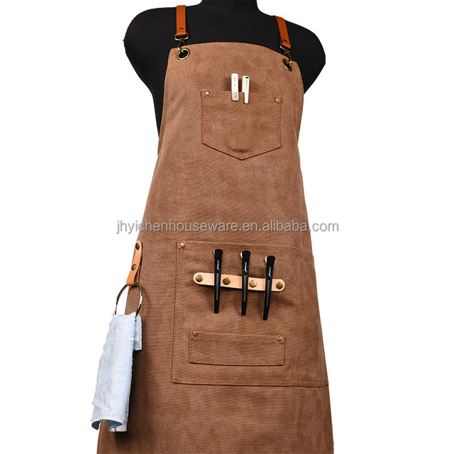 Custom Print Cotton Brown Kitchen Apron for Women Sleeveless Waist Chef Apron with Towel Loop