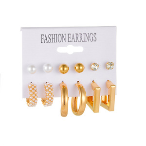 Nuevo estilo de personalidad oro geométrico Metal perla con incrustaciones de diamantes de imitación pendientes conjunto de 6 piezas - Product Image 5