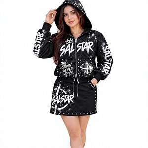 Women’s <b>Black</b> Rhinestone Hoodie <b>Skirt</b> Set Custom Graphic Pullover Hoodie & Mini <b>Skirt</b> 2-Piece Streetwear Tracksuit Set - Product Image 1