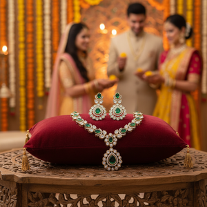 High Quality Traditional Ethnic Antique Gold Plated Zircon Flower Design Necklace Set Earrings Maang Tikka <b>Indian</b> Wedding Party - Product Image 3