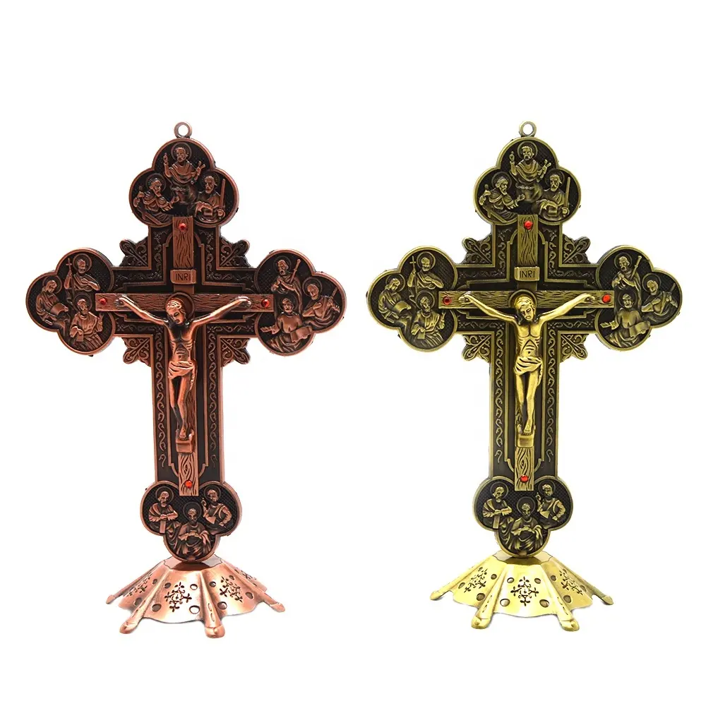 Catholic Church Decoration Standing Cross Home Large Metal The twelve apostles Crucifix Cross Statue with Base