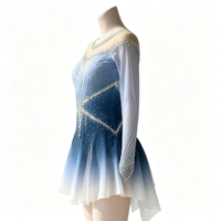 Robe de patinage artistique bleu et blanc dégradé avec strass, dos croisé en maille, pour femmes et filles