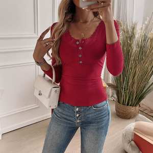 Maglioni Classici Personalizzati, Outfit Estivi, Moda Y2K, Elegante Camicia a Maniche Lunghe in <span class=keywords><strong>Maglia</strong></span> con Bordo in <span class=keywords><strong>Pizzo</strong></span> per Donne - Product Image 1