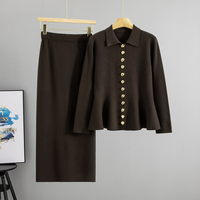 Ensemble deux pièces élégant pour femme : Cardigan à col rabattu et volants, et pantalon moulant ajusté pour l'automne-hiver