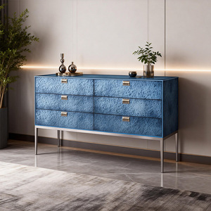 Cassettiera di Lusso Blu Texturizzata Stile Wabi-Sabi, Comò Moderno con Gambe in Metallo, Mobile in Legno con Sei Cassetti per Soggiorno - Product Image 5