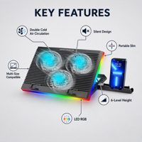 Refroidisseur portable pour ordinateur portable ultra-mince à 3 ventilateurs, 6 vitesses réglables, support de jeu RGB, panneau de refroidissement antidérapant dissimulé, vente en gros