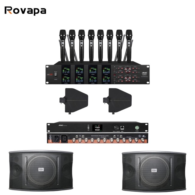1X8 UHF Wireless Microphone Mic Set signal Amplifier Dual Channel Handheld Dynamic for Conference DJ Church Full Range Speaker
