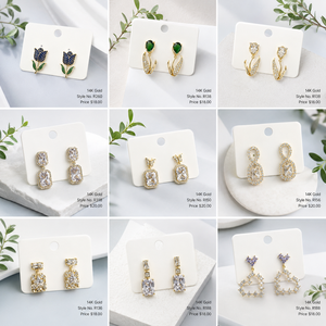 Boucles d'oreilles en gros, plaquées or 14 carats, motif floral, pendantes et à clous, tendance - Product Image 2