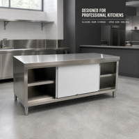 Table de travail de cuisine en acier inoxydable commercial avec armoire à porte coulissante et étagères ouvertes, table de préparation et de rangement pour restaurant