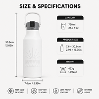 Botella de Agua Aislada de 24 oz con Logotipo Personalizado, Libre de BPA, Tapa con Cierre, Recubrimiento en Polvo, Acero Inoxidable, para Viajes, Gimnasio, Escuela, Regalo