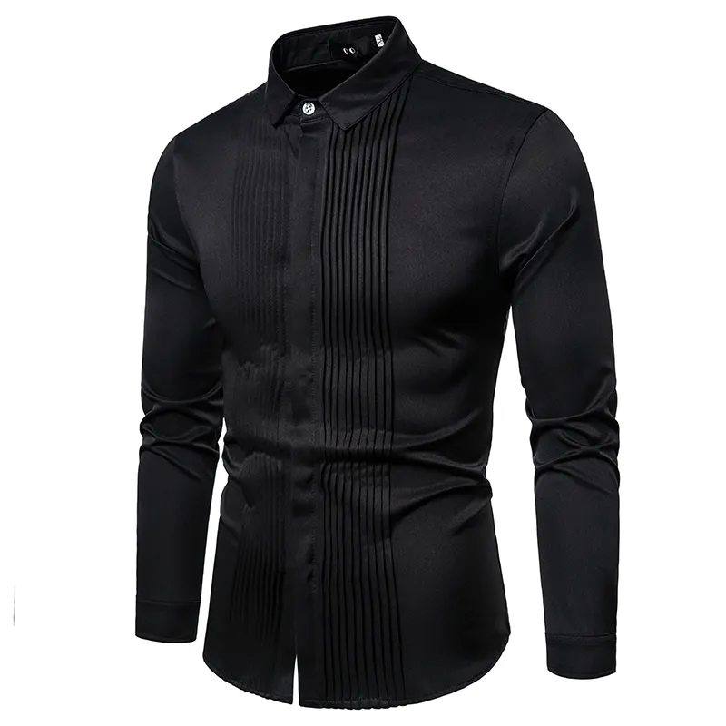 Chemise à manches longues plissée à revers pour homme, uniforme, chemise à bascule