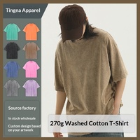 T-shirt à manches courtes col rond coupe ample style européen/américain en coton pur 270 g/m² délavé effet vieilli