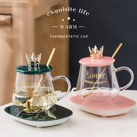 Tasse de charge électrique en forme de diamant, tasse à haute teneur en Borosilicate, tasse en verre transparente avec poignée et couvercle en couronne