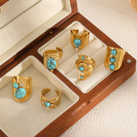 Bague Turquoise Femme en Gros, Orné de Cabochon Doré, Réglable, 6 Styles, Sertissage Festonné, Bijoux en Acier Inoxydable