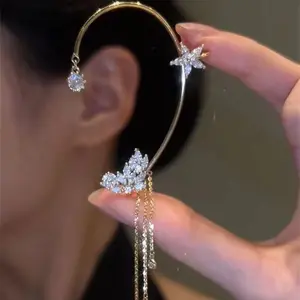 Anting-Anting Klip Telinga Berlian Imitasi Bling Trendi Wanita Anak Perempuan Bunga Kristal Rumbai Tanpa Tindik Cuff Clip Wrap Earrings Terlaris