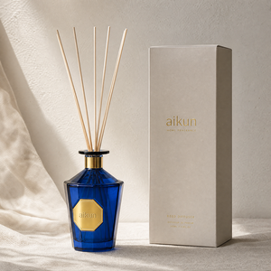 Aikun 1000ml Blue Faceted Glass Gold Metal Logo Reed <b>Diffuser</b> Set Cream Box Custom Lasting Scent Low MOQ Fast Response for Brand - Product Image 1