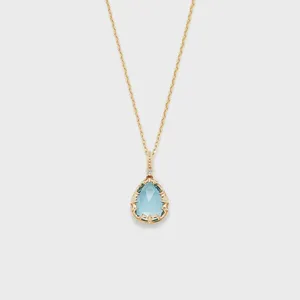 925 Sterling Silver 14K Gold Plated Gemstone Retro Pattern Water Drop Shape Sky Blue Topaz Necklace