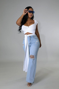 Think 2022, diseñador de marca, pantalones vaqueros rectos de pierna ancha para <span class=keywords><strong>mujer</strong></span>, pantalones vaqueros con agujeros <span class=keywords><strong>rotos</strong></span> de Hip Hop, pantalones vaqueros rasgados de cintura alta, pantalones vaqueros - Product Image 3