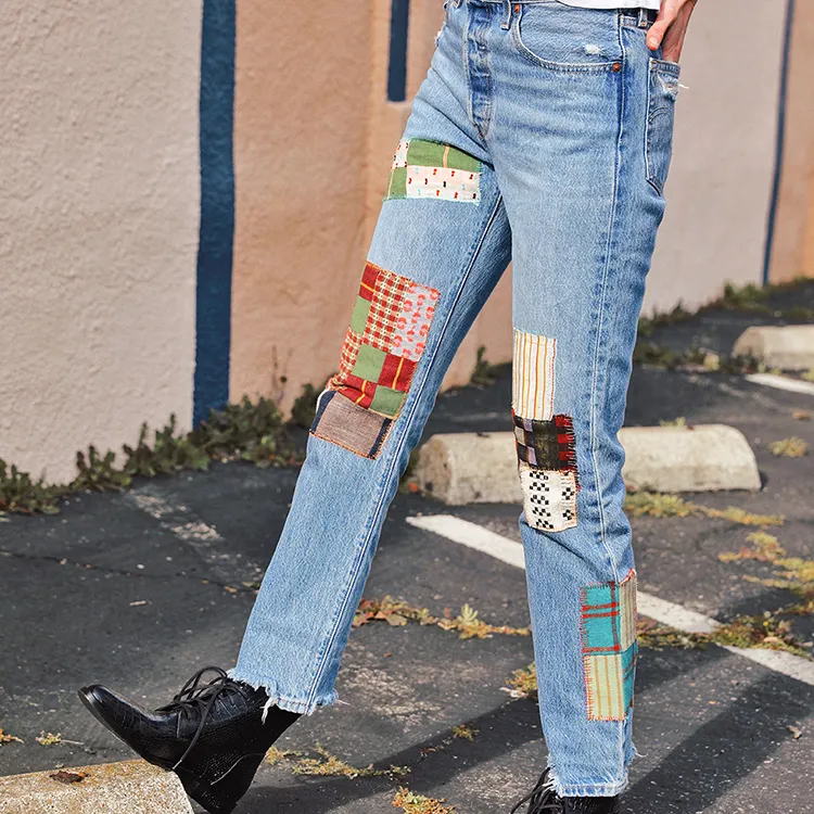 Huili customized wholesale woman jeans clothing patched straight leg slim fitting jeans blue denim pants for woman