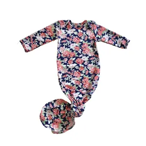 Factory price monogram blank clothes long sleeve 0-2T baby girls clothes floral knotted baby gowns