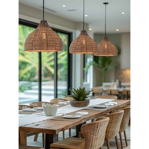 Lustre en rotin à trois têtes E27, luminaire suspendu rond pour restaurants, hôtels, décoration de salon - Product Image 2