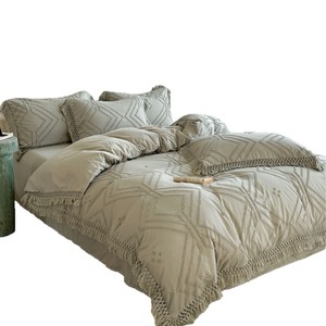 Parure <span class=keywords><strong>de</strong></span> lit 4 pièces en polyester 400TC, douce, toutes saisons, à motifs écossais brodés <span class=keywords><strong>de</strong></span> fleurs coupées à bords frangés, rose matcha et kaki - Product Image 5