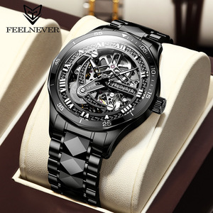 Feelnever Luxury <b>Skeleton</b> <b>Watch</b> Men <b>Automatic</b> Mechanical Stainless Steel Strap Black Sport Waterproof 30Bar 12mm Case Thickness - Product Image 6