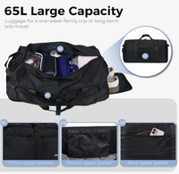 Sac de voyage de grande capacité 65L pour hommes et femmes, bagage de voyage noir imperméable avec compartiment à chaussures