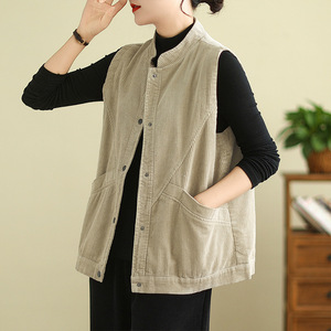 Custom Logo Women's <strong>Mustard</strong> Yellow Corduroy Stand Collar Sleeveless Vest Button Down <strong>Waistcoat</strong> Casual Vest - Product Image 3