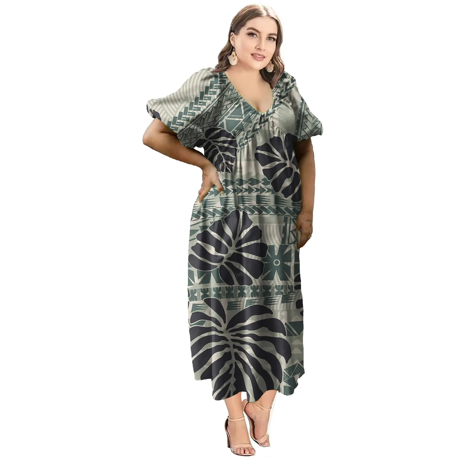 Baju wanita ukuran besar terlaris gaun wanita desain Tribal polinesian polinean kustom gaun wanita berlipat panjang