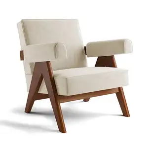 日本木质实木灰框客厅家具休闲天鹅绒布艺坐垫口音休息室扶手椅单沙发椅