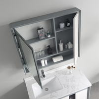 Meuble-lavabo moderne blanc en bois massif avec vasque en céramique, portes en contreplaqué, finition laquée, armoire miroir sur pied