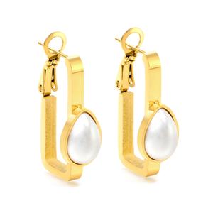 Joyería de Moda, Pendientes Rectangulares Huecos de Acero Inoxidable Chapados en Oro PVD de 18k, Pendientes de Aro con Perlas Blancas en Forma de Gota de Agua para Mujer - Product Image 1