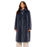 Damen Staubblauer Kunstpelz Langer Mantel Stehkragen Strass-Blumenknopf Loser Maxi-Wintermantel Luxuriöse Oberbekleidung Akzeptiert Kleine Mindestbestellmenge