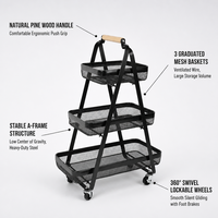 Chariot de rangement roulant à 3 niveaux avec roues, étagère organisatrice en maille métallique avec poignée en bois pour salon et cuisine