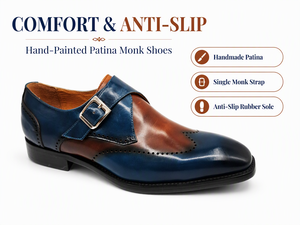 Blue <b>Brown</b> Two Tone Genuine Leather <b>Monk</b> Strap <b>Shoes</b> for <b>Men</b> Slip On Dress <b>Shoes</b> Round Toe Brogue Office Career Business Wedding - Product Image 1
