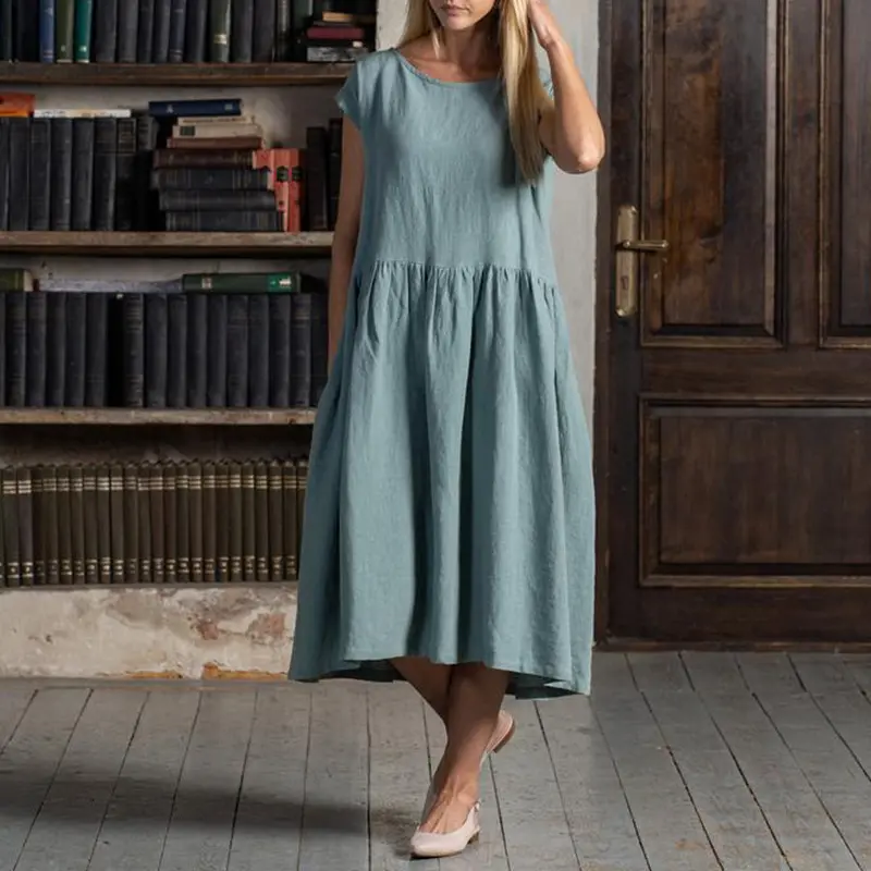 OEM lockere taille solider Rundhalsausschnitt Sommer Kurzarm Damen lässig hochwertig Leinen Baumwolle Maxi-Langes Kleid Übergröße mit Tasche