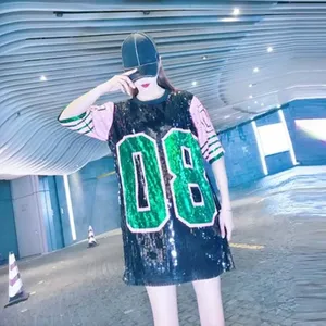 Pink and Green 08 Streetwear Number <strong>Sequin</strong> Loose <strong>Long</strong> T Shirts <strong>Sequin</strong> Baseball Shirt <strong>Sleeve</strong> Casual <strong>Tops</strong> Stage Costumes - Product Image 5