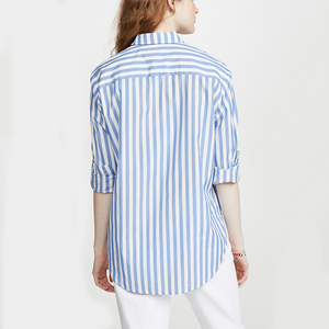 Nouvelle chemise rayée verticale en coton 100% bleu pour femmes grandes tailles, boutonnée - Product Image 2