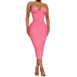 Moda europea americana traspirante estate pieghettato per abito a fascia in tinta unita tessuto crêpe scollo all'americana abito da giorno - Product Image 2