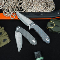 Couteau pliant tactique de chasse et de camping Damas, manche en fibre de carbone, ouverture assistée, outil EDC personnalisé T0034-1