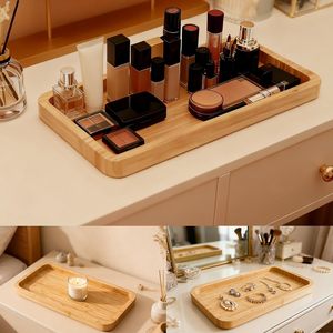 Plateau en bambou naturel rectangulaire multifonctionnel pour le rangement de cosmétiques et de bijoux, utilisation domestique - Product Image 1