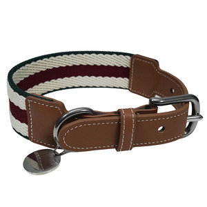 <b>Striped</b> Woven Dog Collar And Leash Set Leather Trim Adjustable Metal <b>Pin</b> Buckle Custom Available Pet Walking Set - Product Image 1