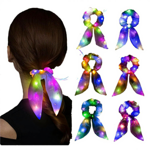 Neon Light Bow Cloth Scrunchies LED Ponytail Holders Flash Hair Ties Women Rave Party Birthday <strong>Halloween</strong> Christmas <strong>Decorations</strong> - Product Image 2