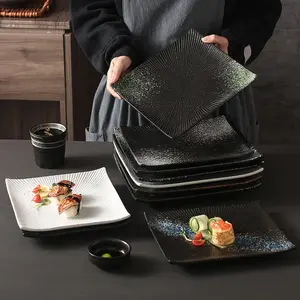 新款现代日式白色黑色石纹大理石板陶瓷寿司盘餐具方形牛排沙拉餐盘