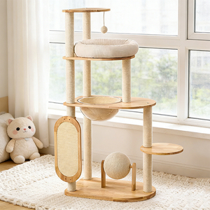 Custom Design Luxe Moderne Kat Post Groothandel Massief Houten Huisdier Klimmen Krabber Huis Toren Kat Boom - Product Image 1